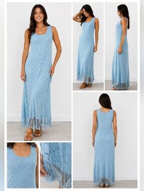 Melissa Paige Blue Crochet Fringe Maxi Dress Boho Size Small, EUC